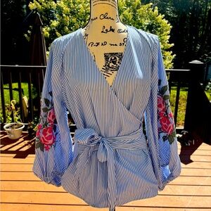 INC Blue & White Striped Wrap Tie Blouse Shirt w/ Pink Floral Embroidery SZ L